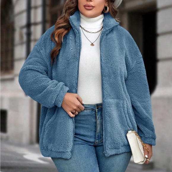 Plus size cost zip up teddy jacket - Picture 7 of 16